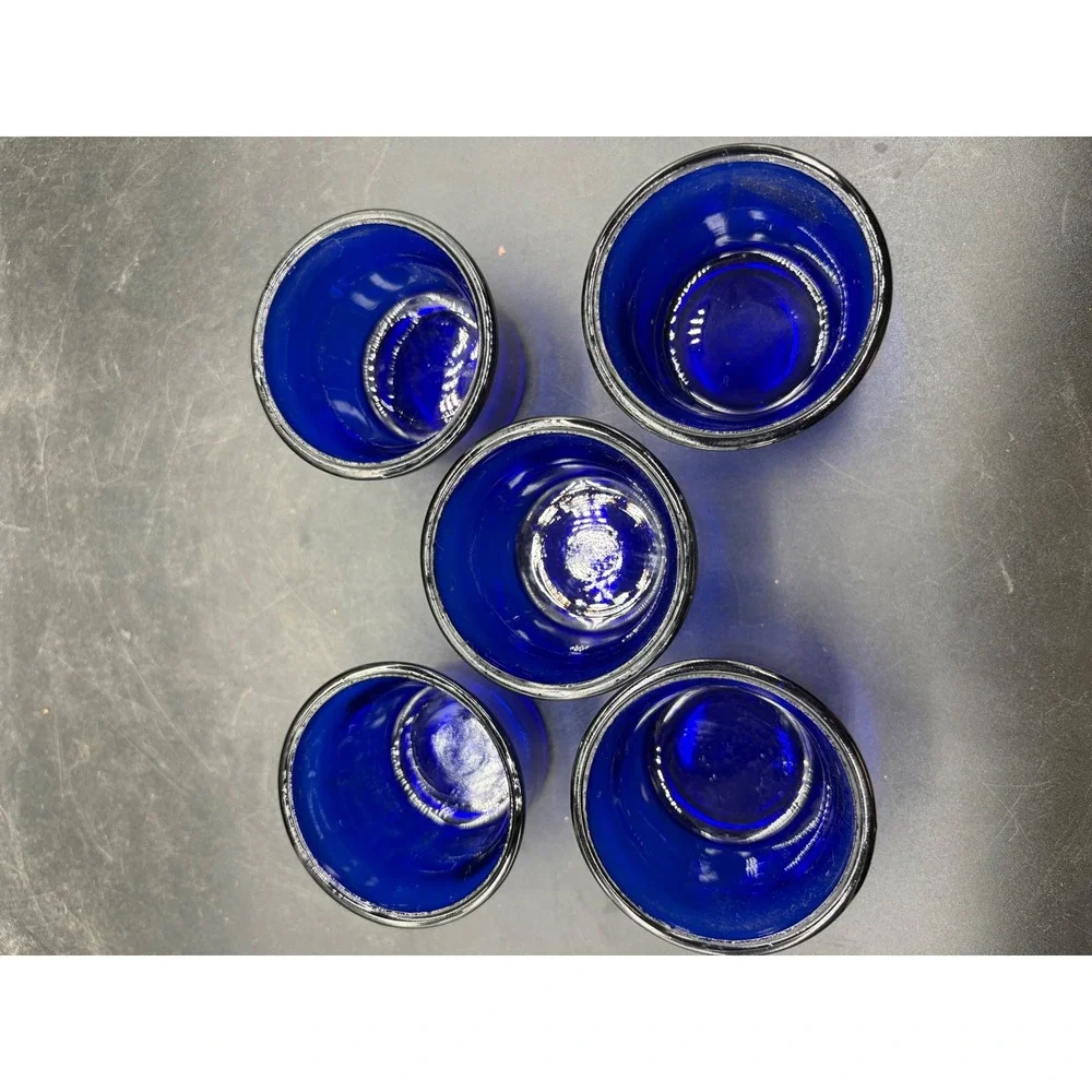 Cobalt Blue Glass Votive Candle Holder Set 5 Cup Arched Silver Metal Stand 12in
